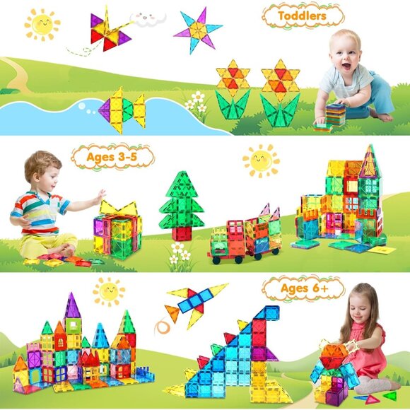 100PCS Magnetic Tiles Blocks for Kids Ages 3-5 4-8 with 2 Cars,STEM Learning Edu - Picture 3 of 8